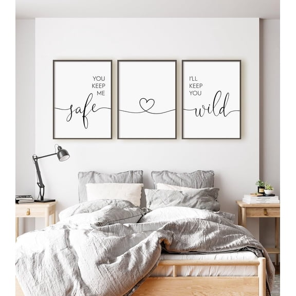 Minimalist Wall Art Canvas 3 Pieces You Keep Me Safe Heart I'll Keep You Wild Poster Prints Painting Artwork for Master Bedroom Above Bed Decoration with Inner Frame