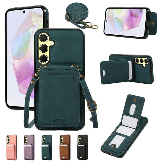Minimalist Wallet Case for Samsung Galaxy A22 5G with Shoulder Strap, Back Magnetic Flip Purse,Vintage PU Leather RFID Blocking Credit Card Holder Kickstand Shockproof Phone Cover,Green