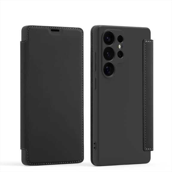 Minimalist Wallet Case For Samsung Galaxy S26 Ultra, Slim Folio Flip Cover Card Slot Holder, Anti-Scratch Soft Flocking Interior Silicone Shockproof Shell, Supports Wireless Charging, Black