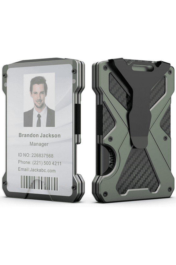 Minimalist Wallet for Men- Slim Aluminum Metal Money Clip with Clear ID Card Holder, RFID Blocking, Holds up 15 Cards with Cash Clip, Ultra-Thin Tactical Carbon Fiber -Army Green