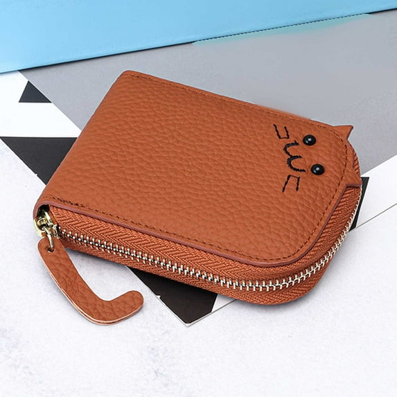 Minimalist Wallet for Women Small - Vegan Leather Bifold Credit Card Case with Lattice Design, 6 Card Slots, ID Window & Zip Pocket, Fits in Back Pocket,D-Brown