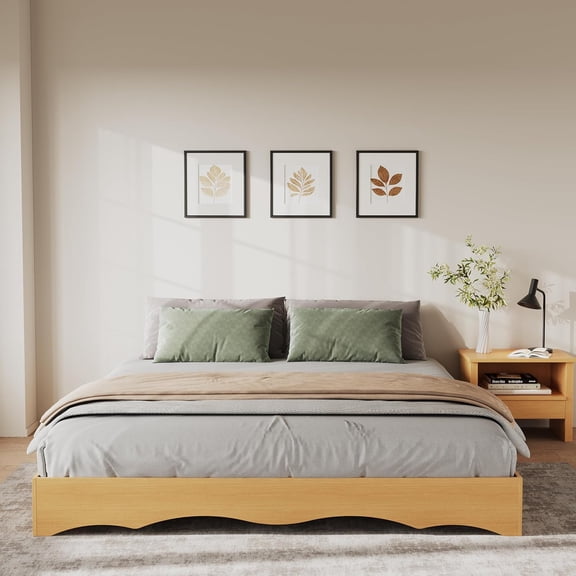 Minimalist Wave Edge Wood Platform Bed Frame – Low Profile, Sturdy Wooden Slats, Noise-Free, No Headboard, No Box Spring Needed, Easy Assembly, King Size, Pine
