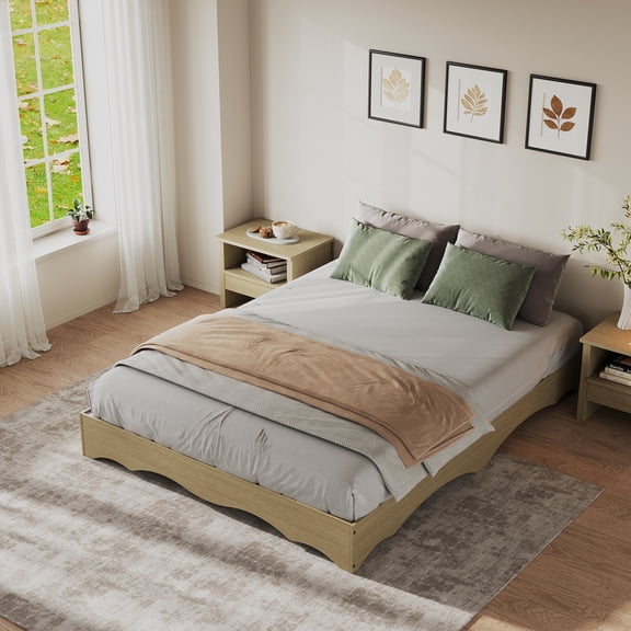 Minimalist Wave Edge Wooden Platform Bed Frame – Low Profile, Sturdy Noise-Free Slats, No Box Spring Needed, Easy Assembly, Full Size, Natural Wood Color