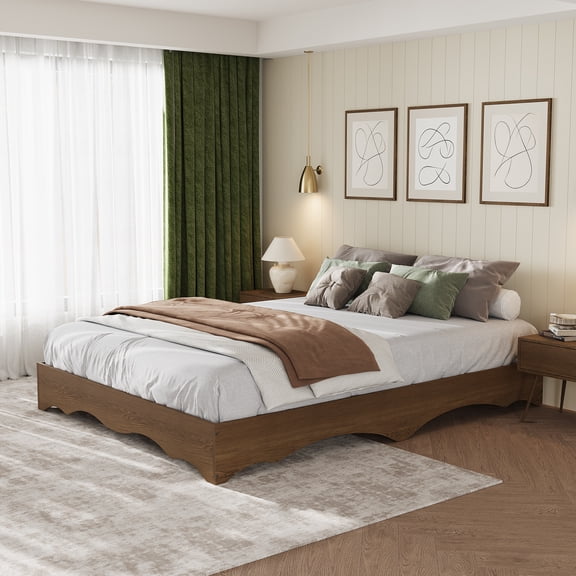 Minimalist Wave Edge Wooden Platform Bed Frame - Twin Size - Low Profile Noise-Free Slats, Easy Assembly, No Box Spring Needed, Modern Bedroom Furniture - Walnut