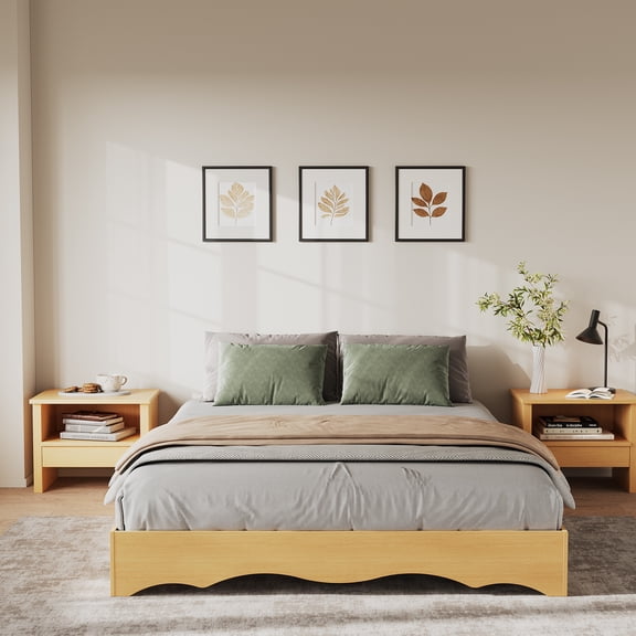 Minimalist Wavy Edge Wood Platform Bed Frame - Queen Size - Low Profile, Sturdy Noise-Free Wooden Slats, No Box Spring Needed, Easy Assembly, Japanese Style - Pine