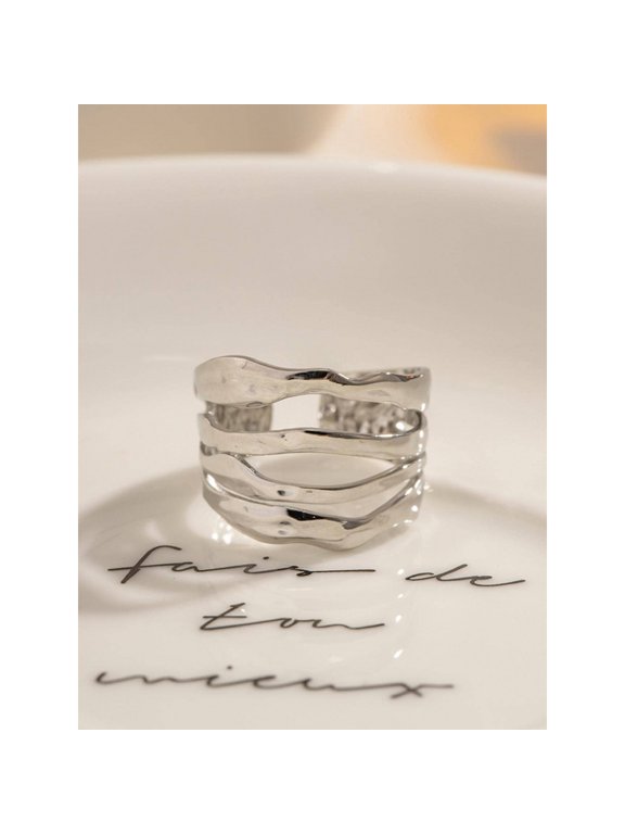 Minimalist Wavy Layered Cuff Ring In Silver Tone Steel For Women