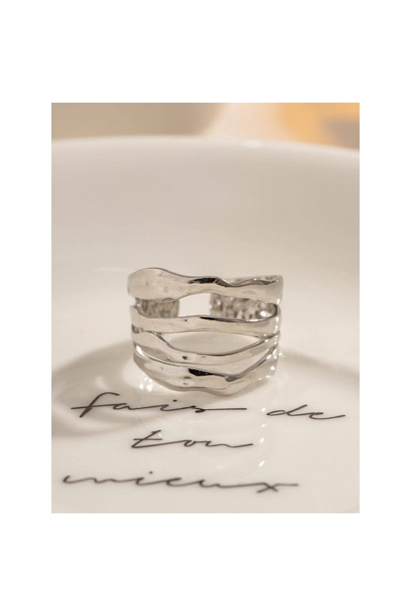 Minimalist Wavy Layered Cuff Ring In Silver Tone Steel For Women