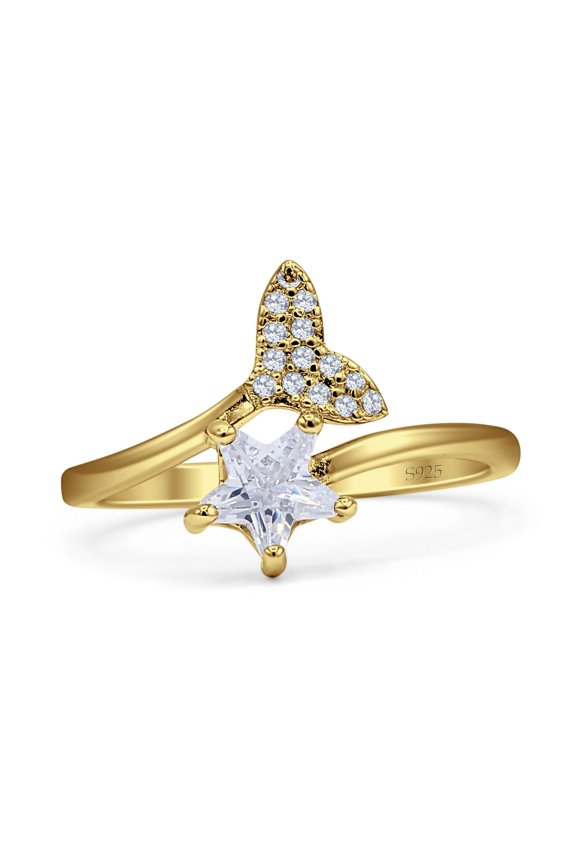 Minimalist Whale Tail & Star Engagement Ring CZ 925 Sterling Silver Size 9