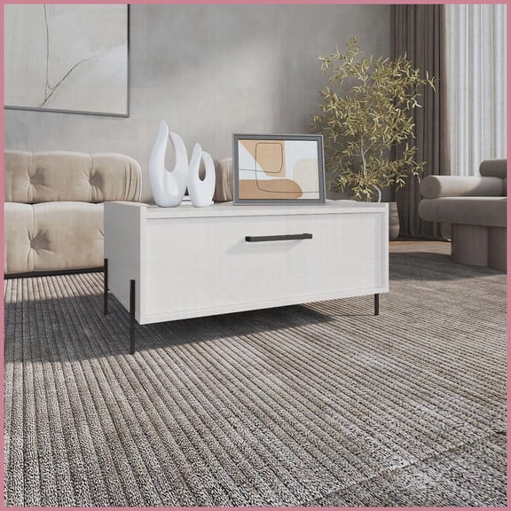 Minimalist White 15.6 High Coffee Table for Living Room - Open Shelf & Pull-Down Cabinet, Easy-Clean & Space-Saving