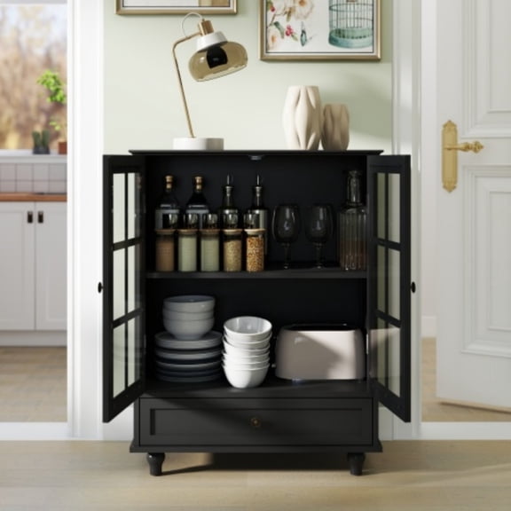 Minimalist White Buffet Cabinet with Glass Doors and Drawer, Modern Sideboard Storage Cabinet with Adjustable Shelves for Living Room Dining Room Kitchen Hallway Entryway, Black