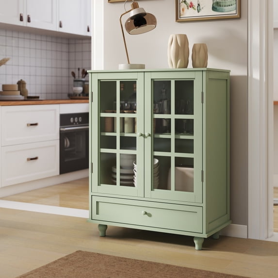 Minimalist White Buffet Cabinet with Double Glass Doors and Drawer, Modern Wooden Storage Sideboard Cupboard