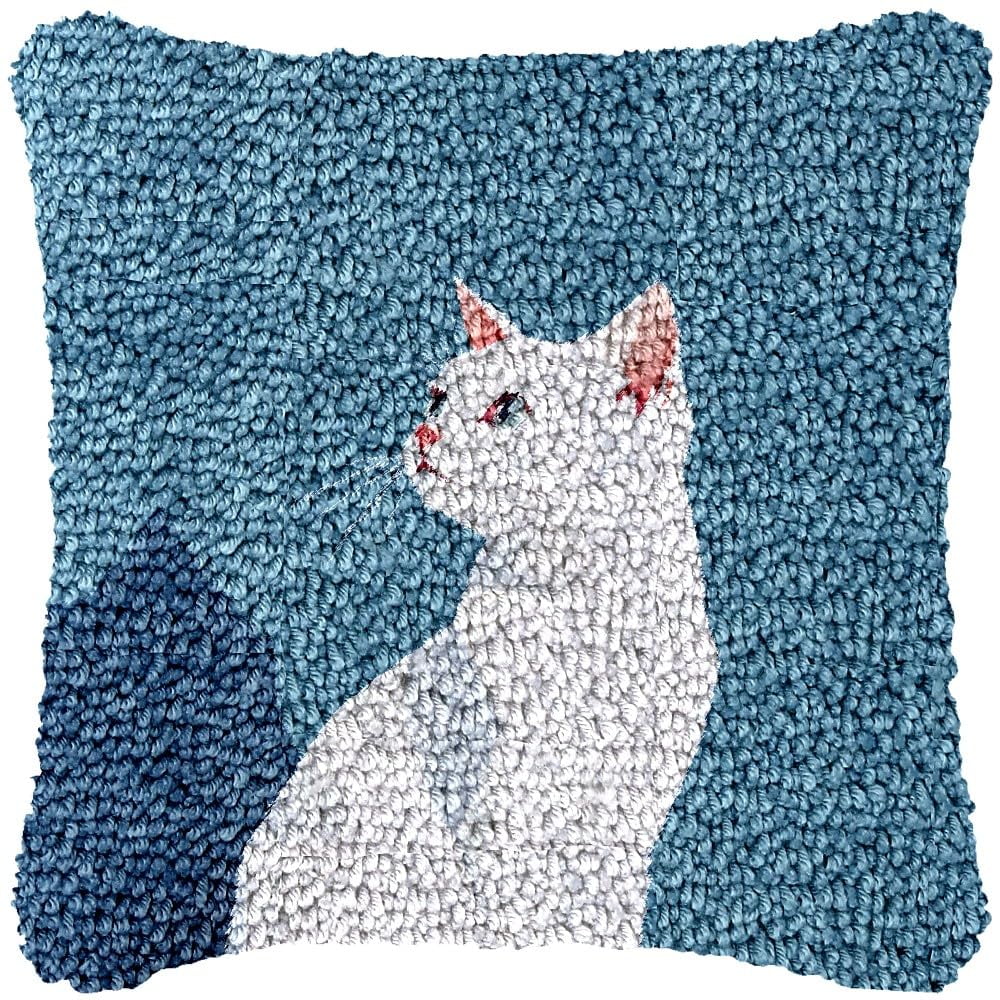 Minimalist White Cat Latch Hook Pillow Kits DIY Pillowcase Cushtion Cover Crochet Hooking Pillow Making Kits with Color Pattern Canvas Crochet Hooking Kits Pillow 43x43cm(j01)