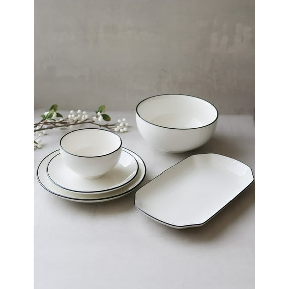 Minimalist White Ceramic Dinnerware Set – 5-Piece Modern Tableware with Black Rim | Stackable, Durable, Microwave & Dishwasher Safe | Marcel Ardani