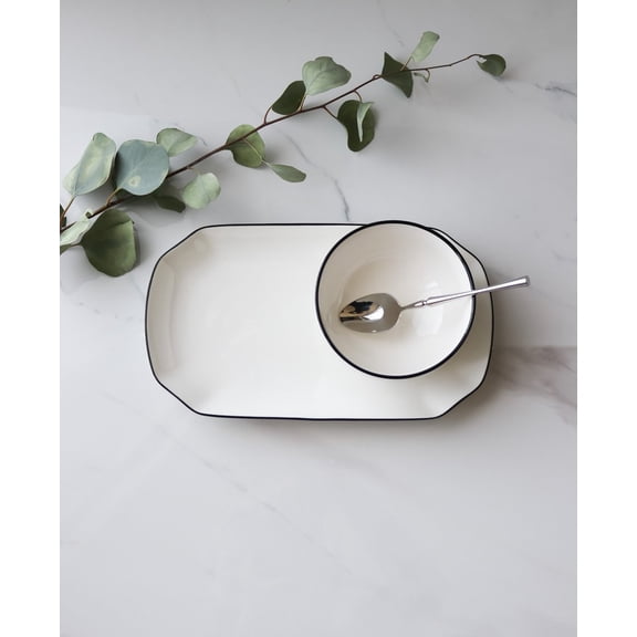 Minimalist White Ceramic Rectangle Platter 10" x 5.5" Set of 4 Serving Tray with Hand-Painted Black Rim | Microwave & Dishwasher Safe | Marcel Ardani