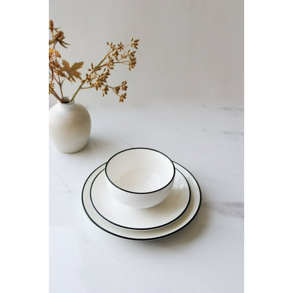 Minimalist White Ceramic Small Plate Set of 4  7" Modern Side Plate with Black Rim | Microwave & Dishwasher Safe | Marcel Ardani