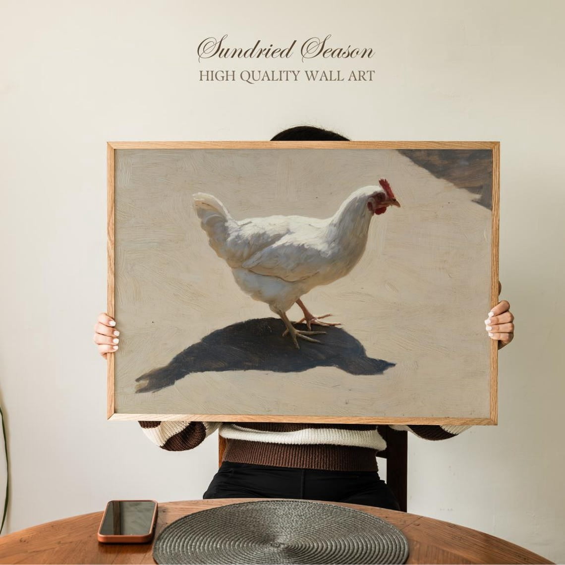Minimalist White Chicken Art Farm Animal Sunlight Shadow Farmhouse ...