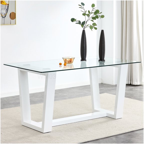 Minimalist White Glass Top Dining Table with Trapezoid Base, Rectangular Shape for Kitchen and Dining Room, Seats 6-8
