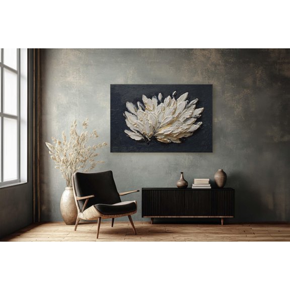 Minimalist White Lotus Textured Impasto Zen Botanical Wall Art Unframed Paper Print