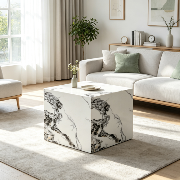 Minimalist White MDF Cube Table with Decorative Texture Pattern