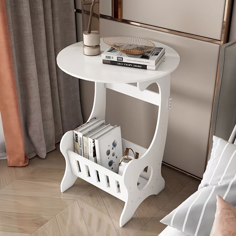 Minimalist White Round Bedside Table with Magazine Rack - Space-Saving ...