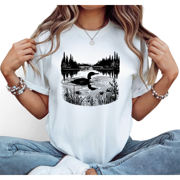 Minimalist Wilderness Loon Lake Linocut Scene Graphic Tees Print Tshirt Shirts S-5XL White Casual Tops