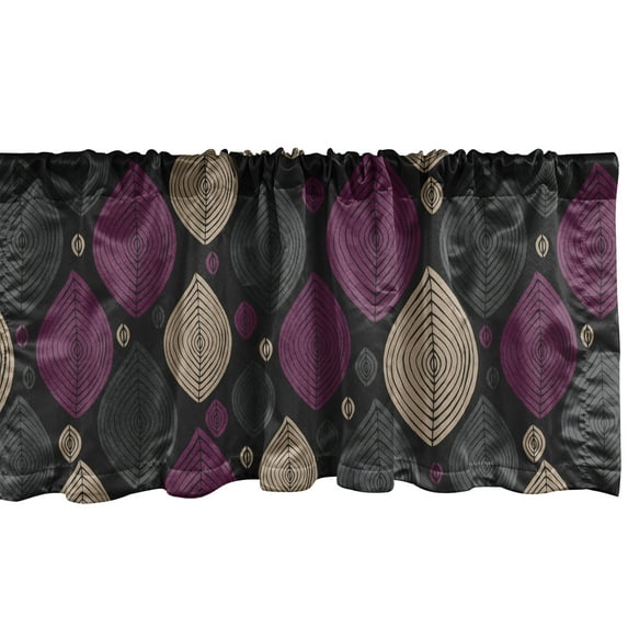 Minimalist Window Valance, Geometric Design Leaves Looking Oval Shapes Pattern Abstract Boho Art, Curtain Valance for Kitchen Bedroom with Rod Pocket, 54" X 18", Purple Dark Grey Tan, by Ambesonne