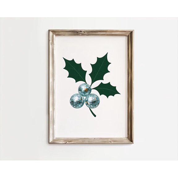 Minimalist Winter Holly Poster: Retro Winter Disco Ball Poster, Modern Winter Holly Poster, Stretched Canvas Size 16x24