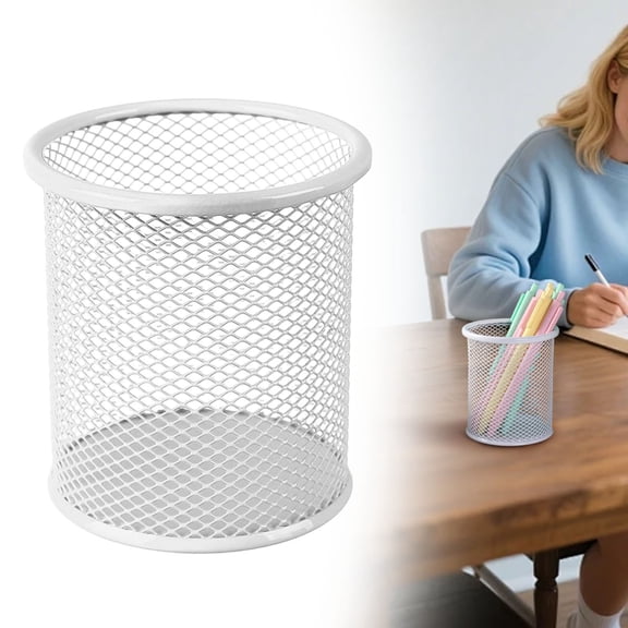 Minimalist Wire Mesh Pencil Holder, White 3.54x3.34x3.74in Round Pen Cup, Compact Desk Organizer for Daily Office Pens, Ruler & Art Tool Storage