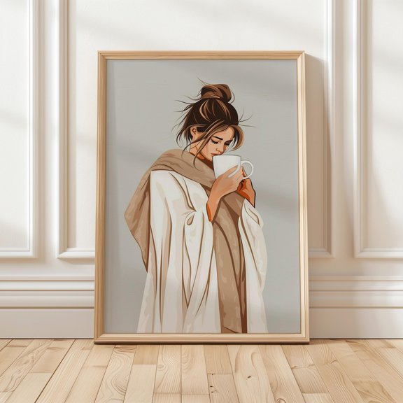 Minimalist Woman Cozy Coffee Neutral Boho Poster Unframed Paper Print