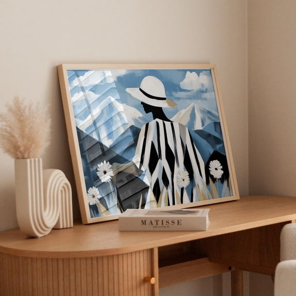 Minimalist Woman Mountain Print, Black And White Silhouette Art, Floral Hat Landscape, Modern Romantic Artwork, Poster Wall Art, Modern Wall Decor, 12x18 UNFRAMED