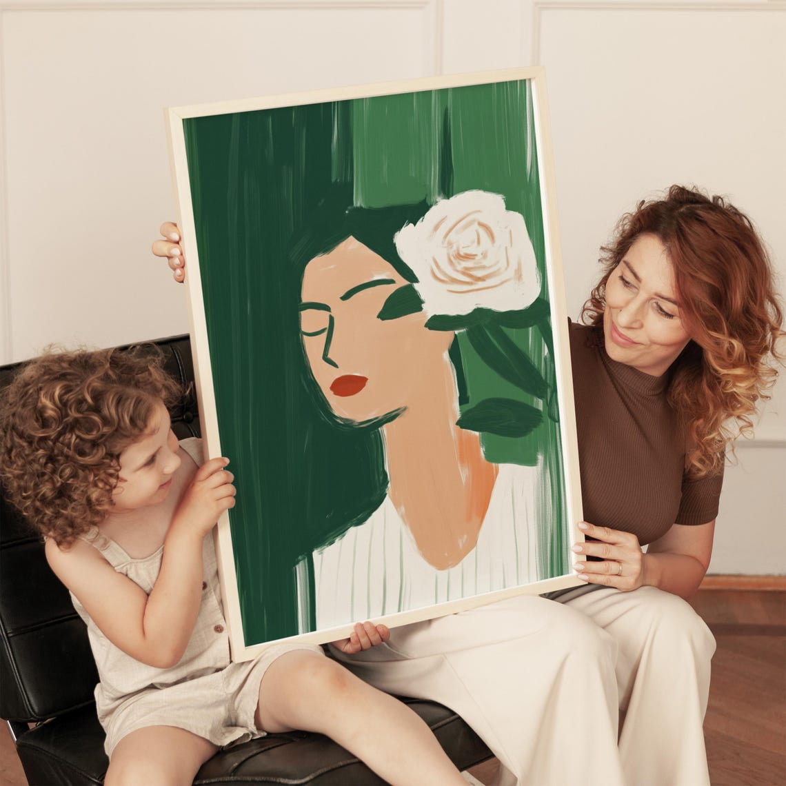 Minimalist Woman Portrait With Flower, Modern Abstract Art Print, Green ...