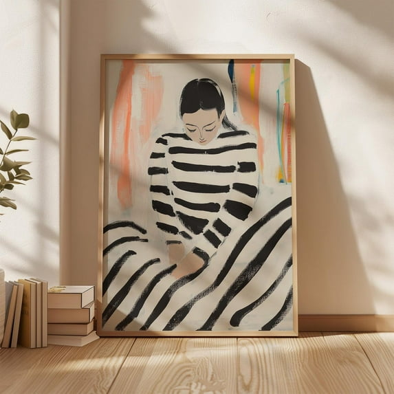Minimalist Woman Portrait Wall Art - Abstract Black And White Striped Fashion Print - Modern Aesthetic Home Decor - Wall Art, Modern Wall Decor, 24x36 UNFRAMED
