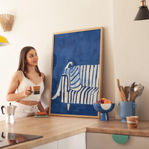 Minimalist Woman On Sofa Art, Blue And White Abstract Print Cozy Modern, Striped Blanket Relaxing Silhouette Art Wall Art, Modern Wall Decor, 8x12 UNFRAMED