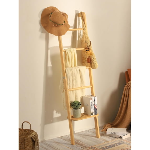 Minimalist Wood Blanket ladder - Boho Style Wall-leaning Display Towel Rack for Throw Quilt, Standing Ladder Shelf, Blanket Storage for Living Room, Bathroom