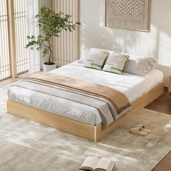 Minimalist Wooden Platform Bed - without Headboard , Bed Frame with Fluted & Low Profile Design, Strong Wooden Slats Support, Easy Assembly