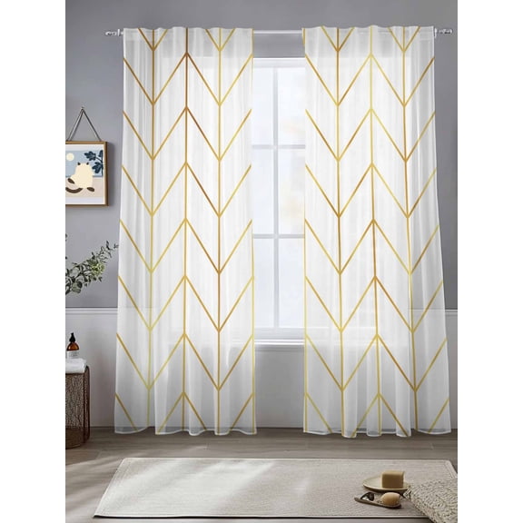 Minimalist Yellow Herringbone Arrow Chiffon Sheer Curtains 84 Inches Long Abstract Geometric Line Rod Pocket Window Curtains Voile Drapes Curtains for Living Room Bedroom,2 Panels