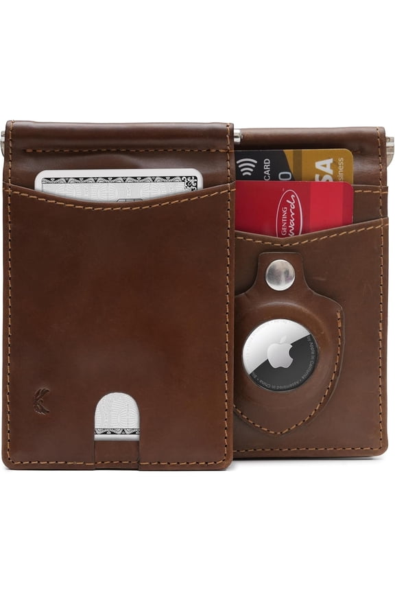 Minimalist airtag wallet - Rfid blocking slim clip wallet for men - front pocket wallet Saddle Cognac
