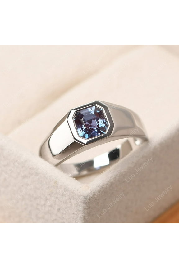 Minimalist alexandrite wedding ring for men, asscher cut June birthstone, bezel setting wide band ring with stone