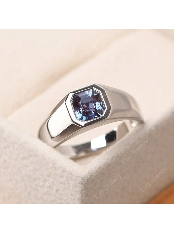Minimalist alexandrite wedding ring for men, asscher cut June birthstone, bezel setting