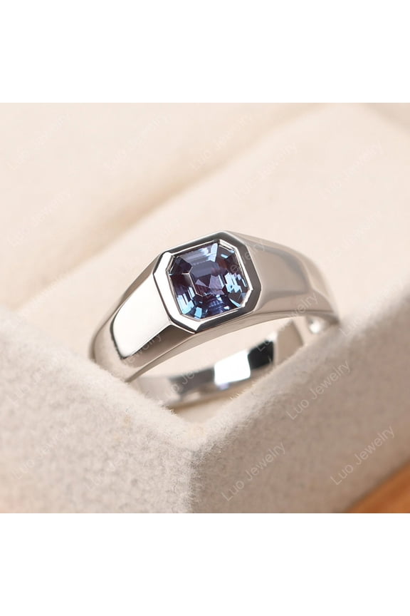 Minimalist alexandrite wedding ring for men, asscher cut June birthstone, bezel setting