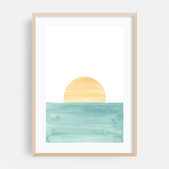 Minimalist seascape - Painting Sunset Minimalist Ocean Watercolor Seascape Abstract Calm Oak Framed Wall Art Print 5 x 7 inches