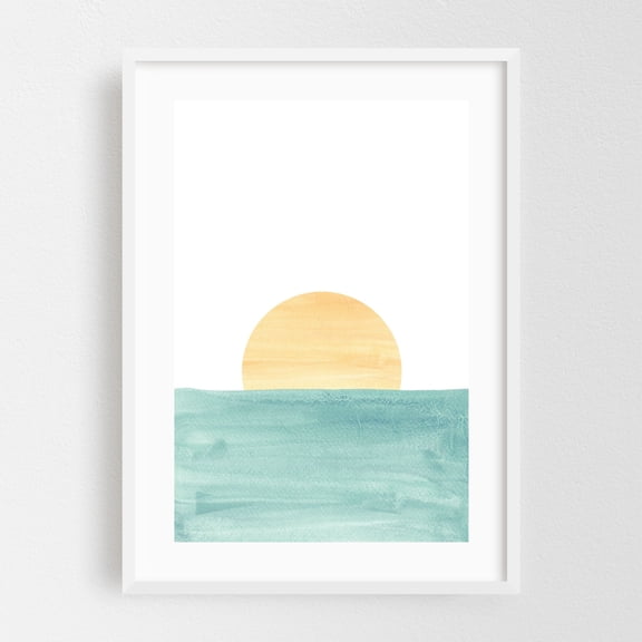 Minimalist seascape - Painting Sunset Minimalist Ocean Watercolor Seascape Abstract Calm White Framed Wall Art Print 12 x 18 inches