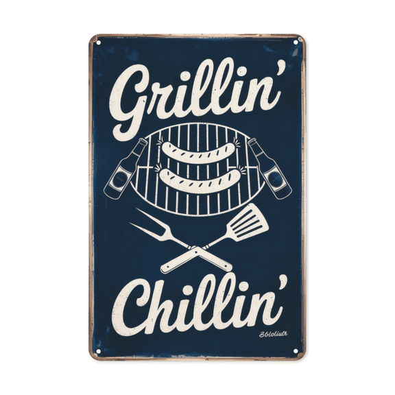 Minimalist text wall art featuring Grillin Chillin Bbq Beer Drinking Metal Tin Sign Man Cave Decor Garage Perfect For Hanging In Tailgates With Vintage 8x12 inch metal sign for home office wall