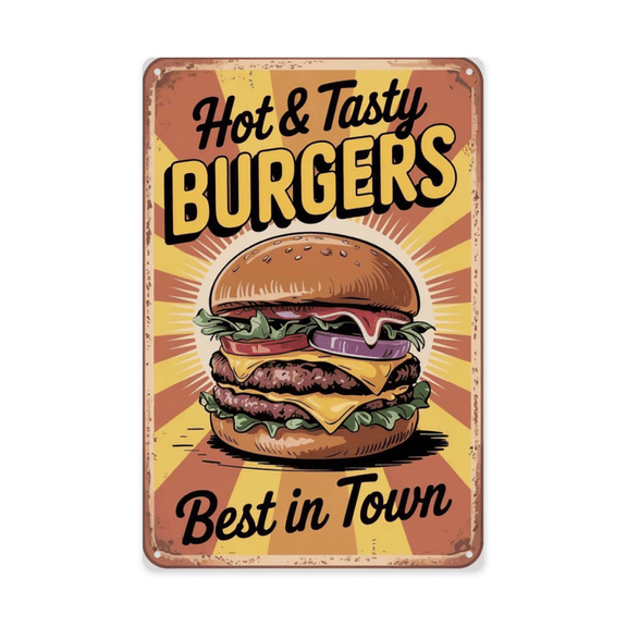 Minimalist text wall art featuring Hot Tasty Burgers Best Town Metal Tin Sign Diner Decor Kitchen Perfect For Hanging In Burger Joints With Vintage Finish 8x12 inch metal sign for kitchen wall