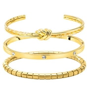 Minimalistic 3 Pcs Assorted Bangle Bracelets, Yellow Gold Plated Stackable Bracelets for Women, Knotted Bangle Bracelet