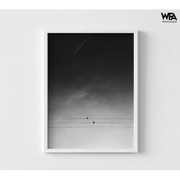 Minimalistic Birds on Wire, Black and White Birds Photograph, Framed Nature Wall Art, Bedroom Wall Decor, Large Hanging Picture Frame Art