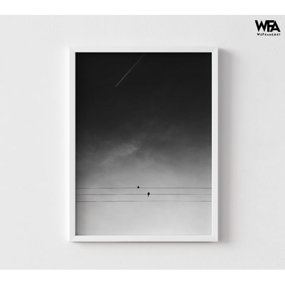 Minimalistic Birds on Wire, Black and White Birds Photograph, Framed Nature Wall Art, Bedroom Wall Decor, Large Hanging Picture Frame Art