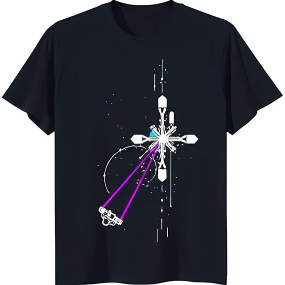 Minimalistic Black T-Shirt with Geometric Star and Spaceship Design