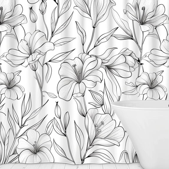 Minimalistic Black and White Line Art Flowers Bathroom Curtain Design with Bathtub Background High Resolution Hyperrealistic Shower Curtain