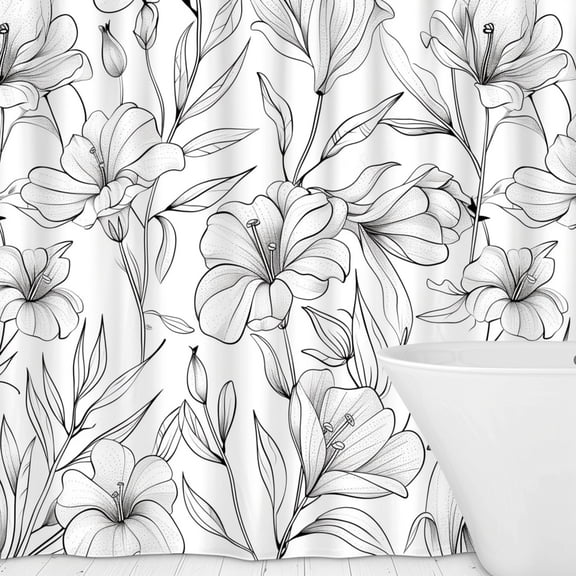 Minimalistic Black and White Line Art Flowers Bathroom Curtain Design with Bathtub Background High Resolution Hyperrealistic Shower Curtain